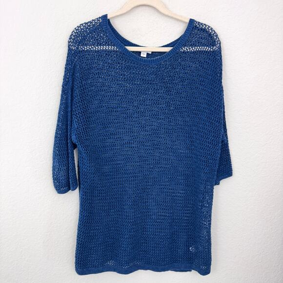 J. Jill Womens Open Knit Tunic Top Sweater Size L Linen Cotton Beachy Blue - Picture 1 of 7